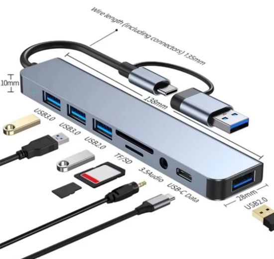 Picture of USB C Hub, 8 in 1 USB Multiport Adapter with USB 3.0, 3 x USB 2.0, USB C SD/TF Card Reader