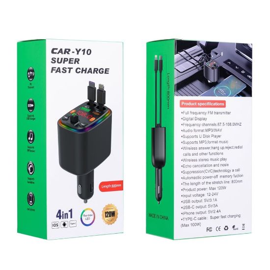 Picture of Y10 Car Charger FM Transmitter Bluetooth-Compatible MP3 Player with Retractable Type C + iP Cable