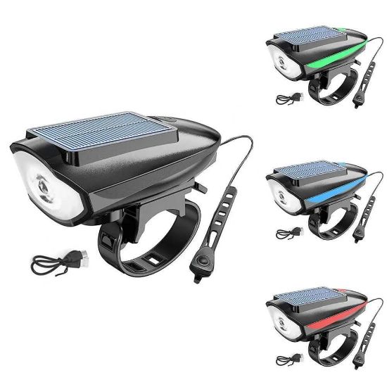 Picture of Solar bicycle headlight with LED floodlight, 120 dB horn, 80-meter visible range, USB and solar charging