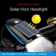 Picture of Solar bicycle headlight with LED floodlight, 120 dB horn, 80-meter visible range, USB and solar charging