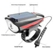 Picture of Solar bicycle headlight with LED floodlight, 120 dB horn, 80-meter visible range, USB and solar charging
