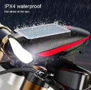 Picture of Solar bicycle headlight with LED floodlight, 120 dB horn, 80-meter visible range, USB and solar charging