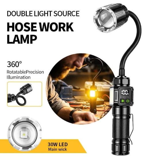 Picture of Bendable Magnetic Work Light, USB Rechargeable Work Light with Digital Display, Zoomable Strong Beam Flashlight, Adjustable Hose for Multi-angle Illumination, Shop and Repair Light