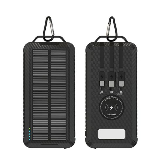 Picture of BAVIN 10000mAh Solar Power Bank with Wireless Charging, Built-in Flashlight, 3 Cables, 22.5W